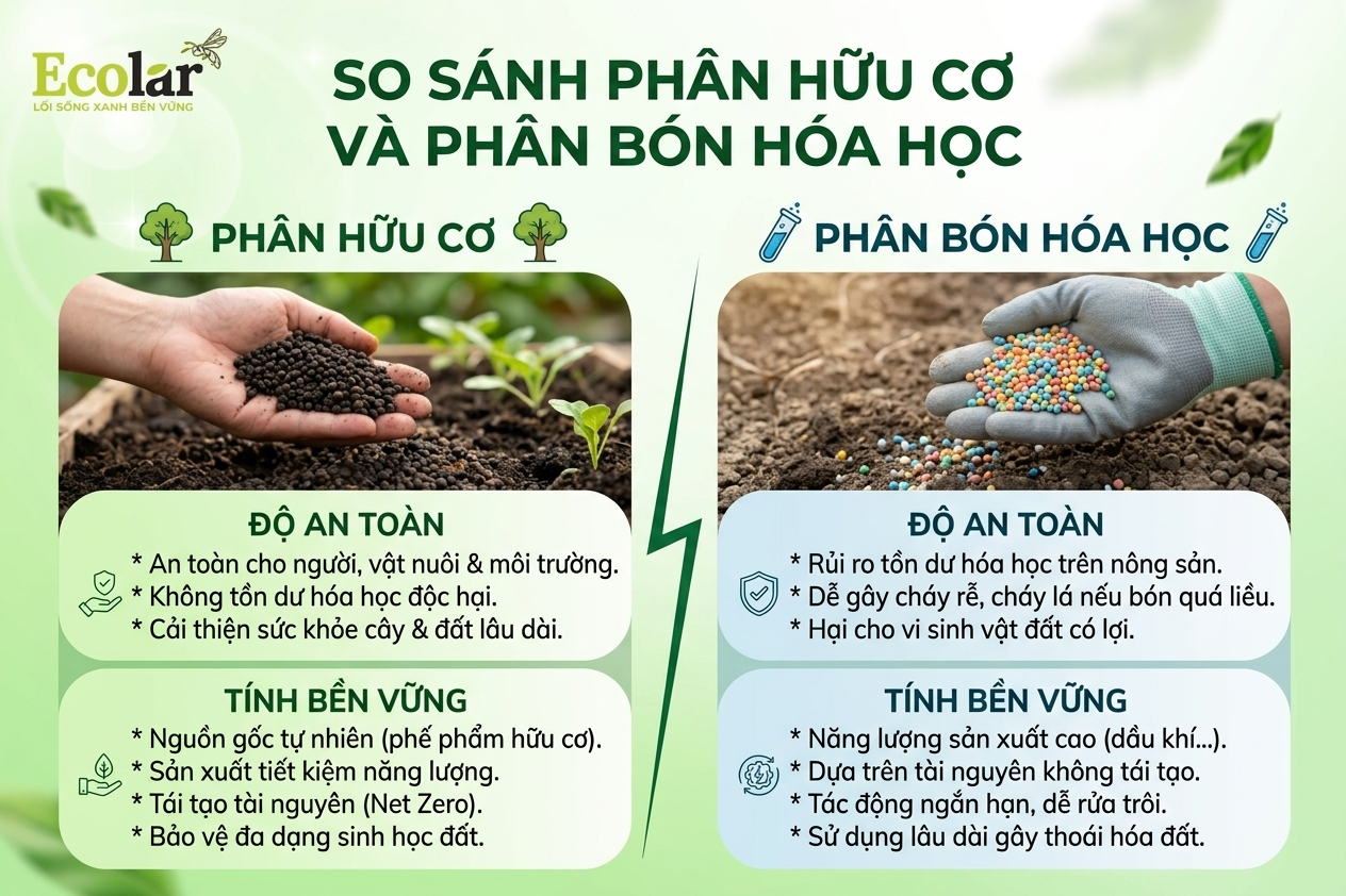 So sánh nhanh với phân bón hóa học: Sự khác biệt cốt lõi về độ an toàn và tính bền vững