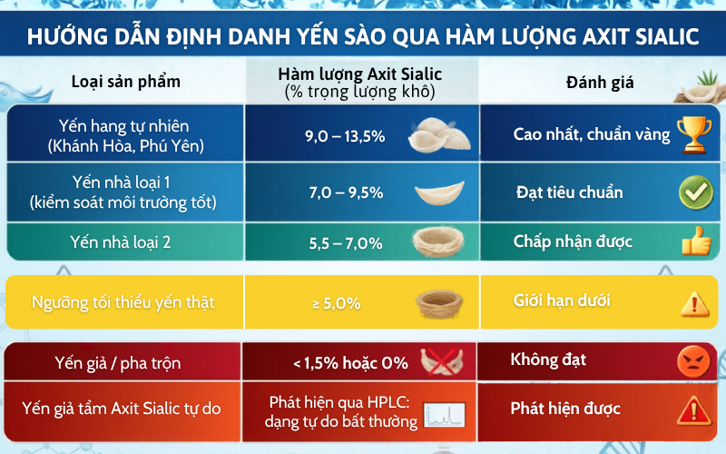 Bảng tra cứu hàm lượng Axit Sialic chuẩn theo TCVN cho yến đảo, yến nhà và yến giả.