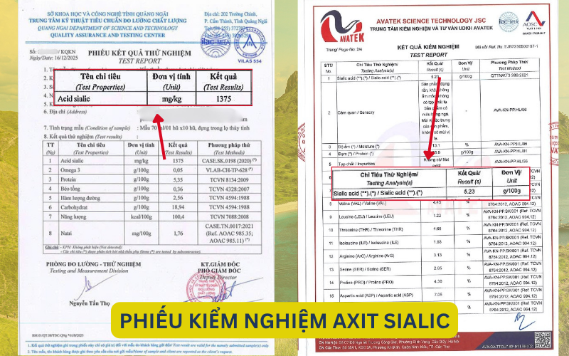 Mẫu phiếu kiểm nghiệm Axit Sialic đạt chuẩn cho yến sào thật.
