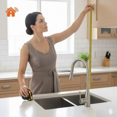 đo khoảng cách từ mặt bàn bếp lên tủ bếp trước khi chọn mua kệ úp chén bát trên bồn rửa