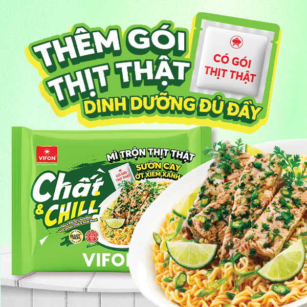 sản phẩm mới mì trộn thịt thật sườn cay ớt xiêm xanh Chất & Chill VIFON 85g cay nồng bùng vị