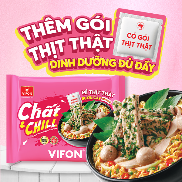 sản phẩm mới mì thịt thật sườn cay Chất & Chill VIFON 85g đậm vị thịt thật cay nhẹ dễ ăn