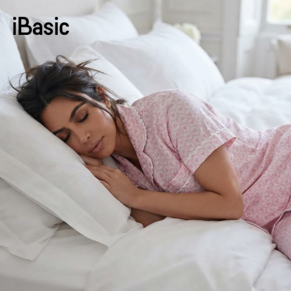 cô gái mặc pyjama ngủ trên giường