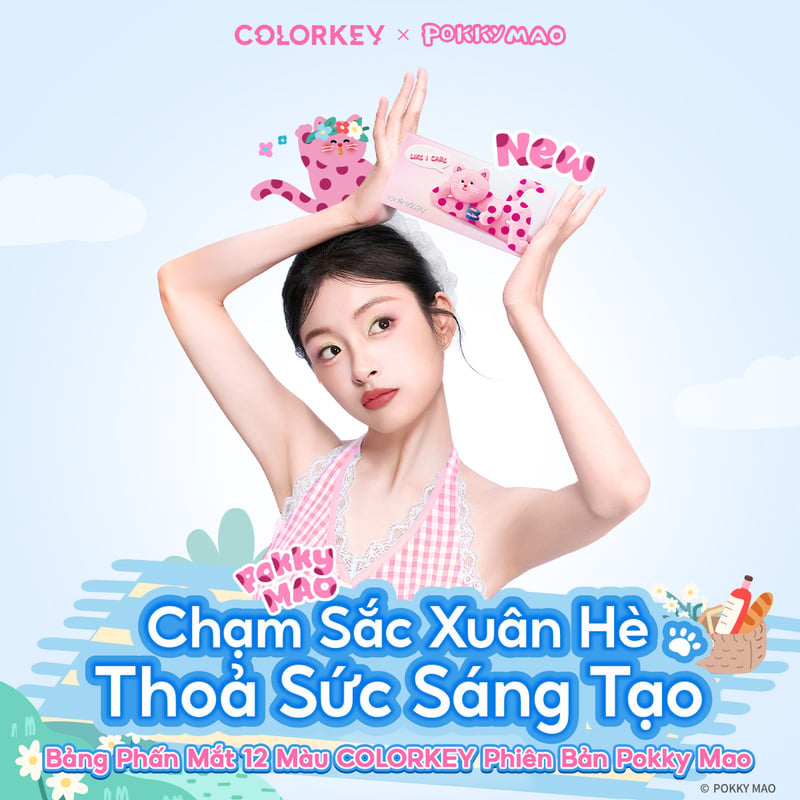 Bảng Phấn Mắt 12 Ô Màu Đa Năng, Tiện Lợi Colorkey Bloom Chase 12-Color Eyeshadow Palette 17.7g (The Polka Dot Cat Edition)