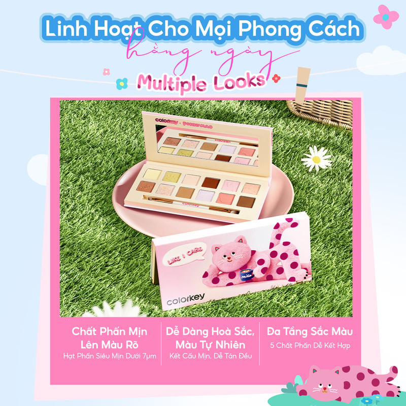Bảng Phấn Mắt 12 Ô Màu Đa Năng, Tiện Lợi Colorkey Bloom Chase 12-Color Eyeshadow Palette 17.7g (The Polka Dot Cat Edition)