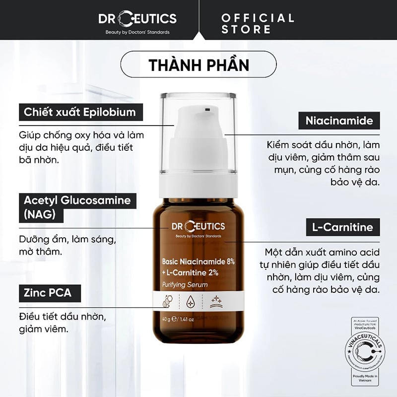 thegioiskinfood.com - Serum Drceutics Kiềm Dầu, Hỗ Trợ Dưỡng Sáng, Mờ Thâm Basic Niacinamide 8% + L-Carnitine 2% Purifying Serum 40g