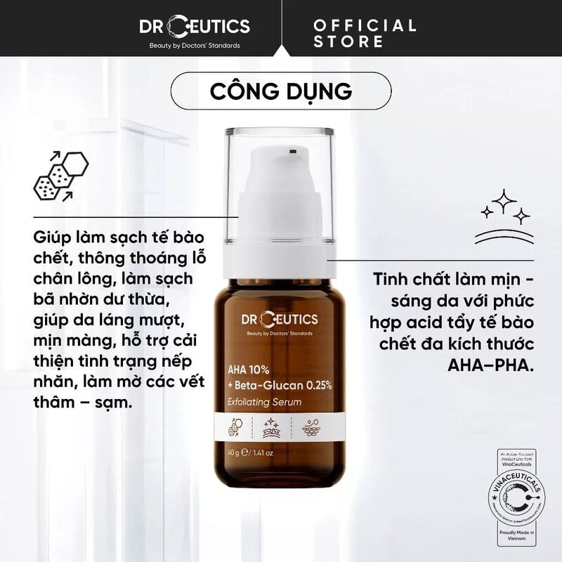 Serum Tẩy Tế Bào Chết Hóa Học DrCeutics AHA 10% + Beta-Glucan 0.25% Exfoliating Serum 40g