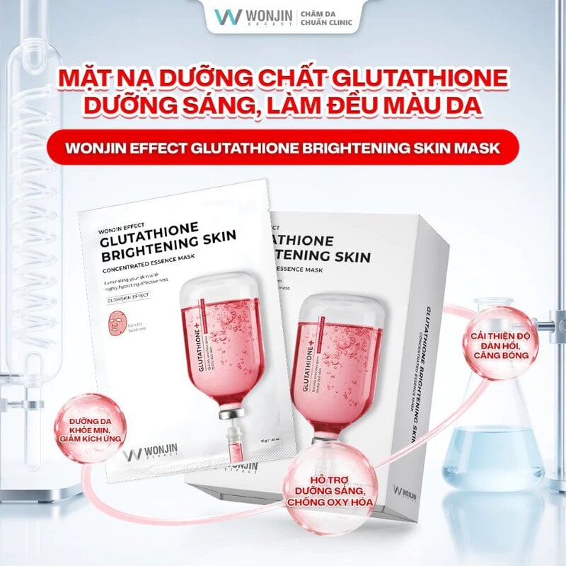 Mặt Nạ Hỗ Trợ Dưỡng Sáng Da Wonjin Effect Glutathone Brightening Skin Mask Tinh chất tương đương 15 ống clinic: Cấp ẩm đa tầng cho da mềm mướt, hỗ trợ làn da hấp thu dưỡng chất có lợi, giúp cải thiện vẻ ngoài của da Hệ dưỡng chất hỗ trợ dưỡng sáng và ngăn ngừa oxy hóa Glutathione: Ứng dụng công nghệ bọc phân tử Liposome giúp bảo vệ hoạt chất và hỗ trợ đưa dưỡng chất tiếp xúc đồng đều trên bề mặt da, giúp làn da trông tươi sáng, đều màu và rạng rỡ hơn. Phức hợp 2 hoạt chất lên men tự nhiên Galactomyces & Bifida Ferment Filtrate: Giúp nuôi dưỡng làn da tươi sáng, hỗ trợ ngăn ngừa oxy hóa và duy trì vẻ ngoài khỏe khoắn của làn da. Nước hoa hồng Damask: Giàu vitamin và khoáng chất, giúp bổ sung dưỡng chất, duy trì độ ẩm tự nhiên và mang lại làn da mềm mại, tươi tắn. Hệ dưỡng chất chăm sóc và làm dịu da Allantoin & Panthenol: Hỗ trợ duy trì hàng rào độ ẩm tự nhiên, giúp da mềm mại và khỏe khoắn hơn. Chiết xuất rễ cam thảo: Giúp làm dịu da, hỗ trợ chăm sóc làn da sau tác động từ môi trường và mang lại cảm giác dễ chịu cho da. Chất liệu mediseal siêu mỏng, ôm sát da, thoải mái và dễ chịu, tăng cường khả năng hấp thụ dưỡng chất cho da 3. Đối tượng khuyên dùng Dành cho da thâm sạm, nám, tàn nhang Dành cho da thường xuyên tiếp xúc với ánh nắng Dành cho da sần sùi, thô ráp, thiếu độ căng bóng