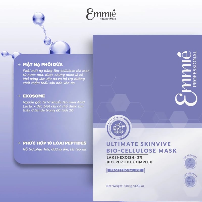 Mặt Nạ Phôi Dừa Hỗ Trợ Phục Hồi, Dưỡng Mịn Da Emmié by Happyskin Ultimate Skinvive Biocellulose Mask (hộp 4 miếng x 25g)