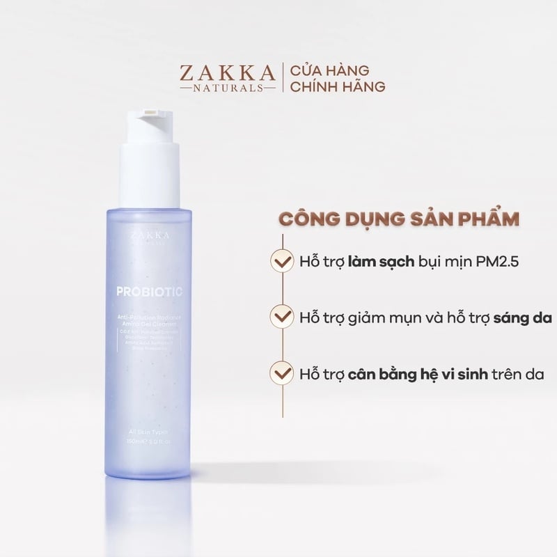 Gel Rửa Mặt Làm Sạch Bụi Mịn, Hỗ Trợ Sáng Da Zakka Naturals Probiotic Anti-Pollution Radiance Amino Gel Cleanser 150ml