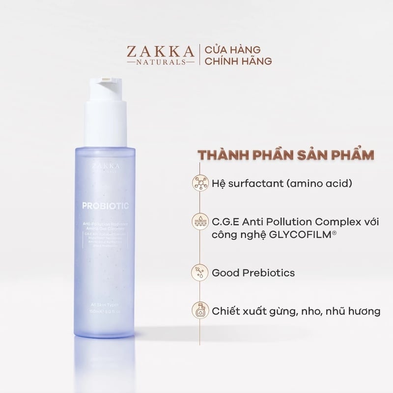 Gel Rửa Mặt Làm Sạch Bụi Mịn, Hỗ Trợ Sáng Da Zakka Naturals Probiotic Anti-Pollution Radiance Amino Gel Cleanser 150ml