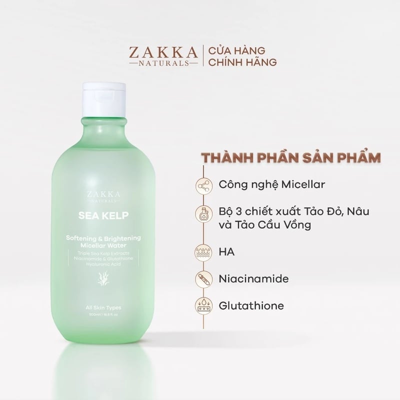 thegioiskinfood.com - Nước Tẩy Trang Tảo Biển, Làm Sạch Dưỡng Ẩm Da Zakka Naturals Sea Kelp Softening & Brightening Micellar Water 500ml