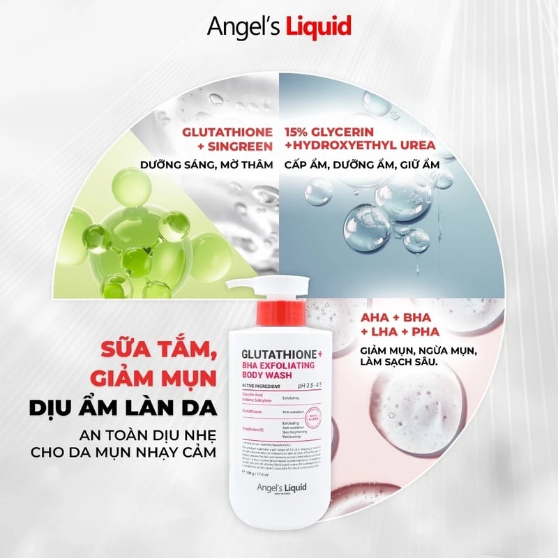 thegioiskinfood.com - Sữa Tắm Hỗ Trợ Giảm Mụn, Dịu Ẩm Làn Da Angel's Liquid Glutathione Plus Bha Exfoliating Body Wash 250g