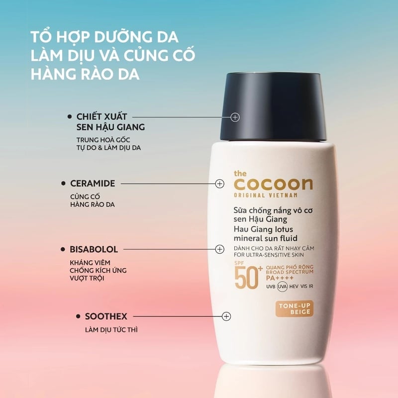 Sữa Chống Nắng Vô Cơ Sen Hậu Giang Cocoon Hau Giang Lotus Mineral Sun Fluid SPF 50+ PA++++
