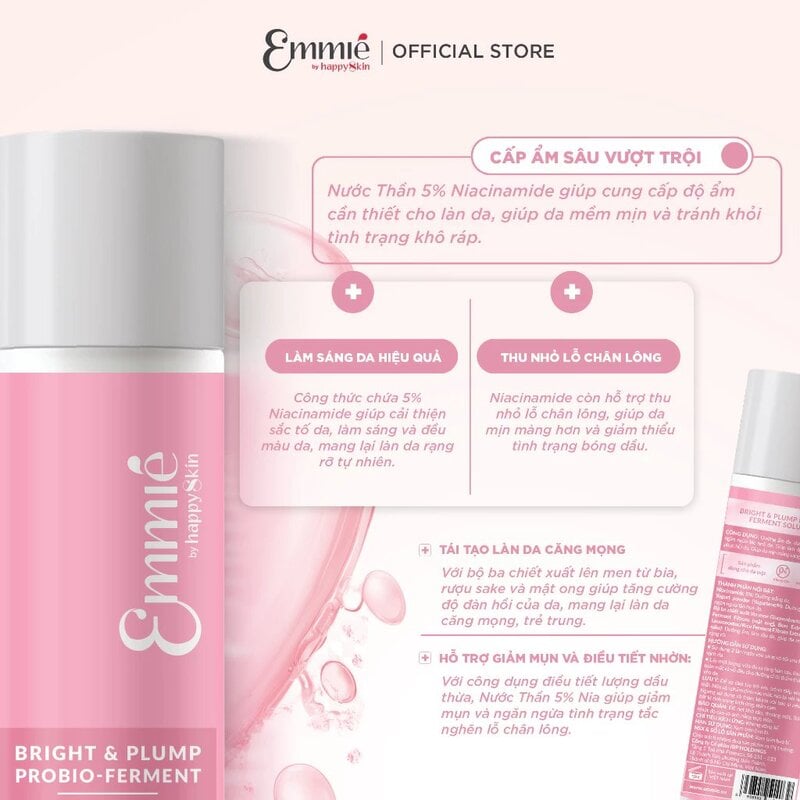 Nước Dưỡng Emmié by Happyskin 5% Nia Hỗ Trợ Dưỡng Sáng, Căng Mọng Da Bright & Plump Probio - Ferment Solution 150ml