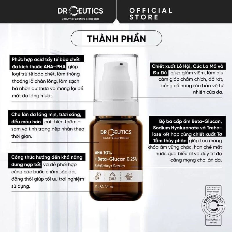 Serum Tẩy Tế Bào Chết Hóa Học DrCeutics AHA 10% + Beta-Glucan 0.25% Exfoliating Serum 40g