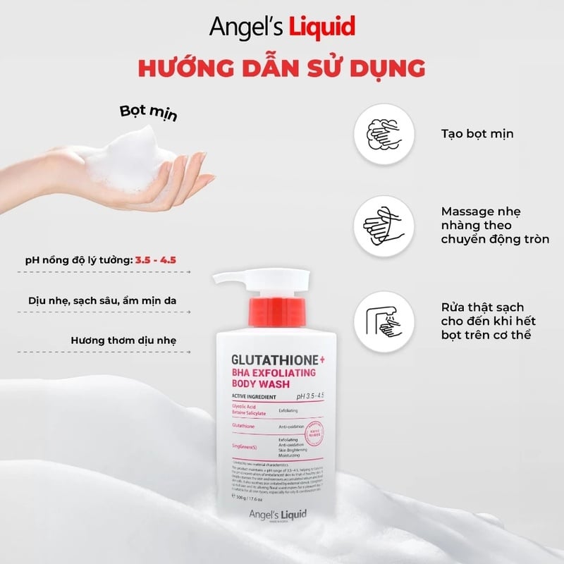 thegioiskinfood.com - Sữa Tắm Hỗ Trợ Giảm Mụn, Dịu Ẩm Làn Da Angel's Liquid Glutathione Plus Bha Exfoliating Body Wash 250g