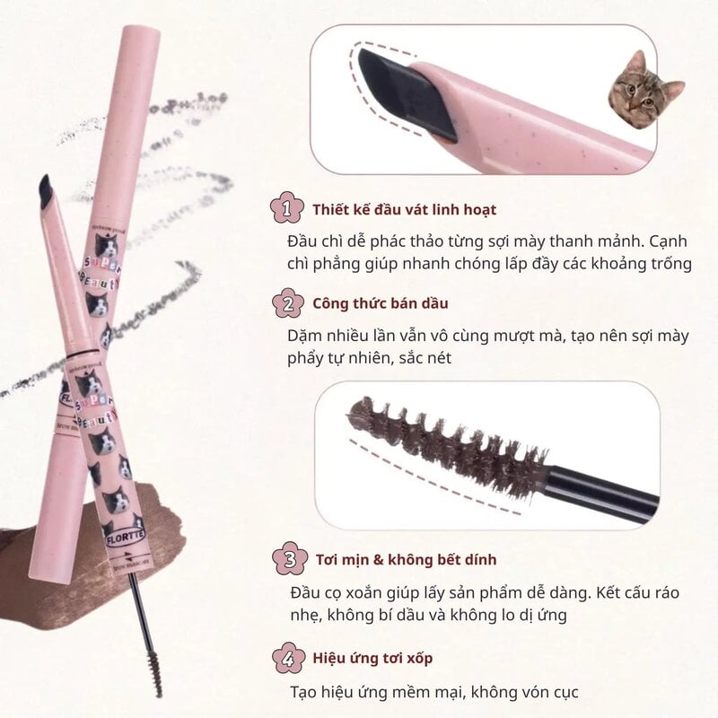 Chì Kẻ Mày 2 Đầu FLORTTE I Am Super Beauty Eyebrow Pencil & Brow Mascara