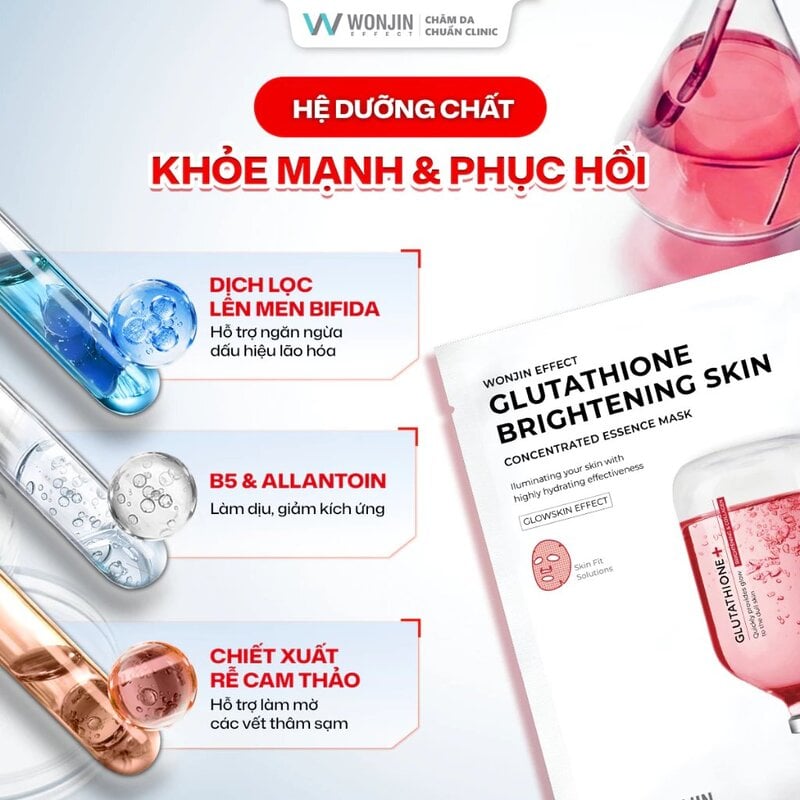 Mặt Nạ Hỗ Trợ Dưỡng Sáng Da Wonjin Effect Glutathone Brightening Skin Mask Tinh chất tương đương 15 ống clinic: Cấp ẩm đa tầng cho da mềm mướt, hỗ trợ làn da hấp thu dưỡng chất có lợi, giúp cải thiện vẻ ngoài của da Hệ dưỡng chất hỗ trợ dưỡng sáng và ngăn ngừa oxy hóa Glutathione: Ứng dụng công nghệ bọc phân tử Liposome giúp bảo vệ hoạt chất và hỗ trợ đưa dưỡng chất tiếp xúc đồng đều trên bề mặt da, giúp làn da trông tươi sáng, đều màu và rạng rỡ hơn. Phức hợp 2 hoạt chất lên men tự nhiên Galactomyces & Bifida Ferment Filtrate: Giúp nuôi dưỡng làn da tươi sáng, hỗ trợ ngăn ngừa oxy hóa và duy trì vẻ ngoài khỏe khoắn của làn da. Nước hoa hồng Damask: Giàu vitamin và khoáng chất, giúp bổ sung dưỡng chất, duy trì độ ẩm tự nhiên và mang lại làn da mềm mại, tươi tắn. Hệ dưỡng chất chăm sóc và làm dịu da Allantoin & Panthenol: Hỗ trợ duy trì hàng rào độ ẩm tự nhiên, giúp da mềm mại và khỏe khoắn hơn. Chiết xuất rễ cam thảo: Giúp làm dịu da, hỗ trợ chăm sóc làn da sau tác động từ môi trường và mang lại cảm giác dễ chịu cho da. Chất liệu mediseal siêu mỏng, ôm sát da, thoải mái và dễ chịu, tăng cường khả năng hấp thụ dưỡng chất cho da 3. Đối tượng khuyên dùng Dành cho da thâm sạm, nám, tàn nhang Dành cho da thường xuyên tiếp xúc với ánh nắng Dành cho da sần sùi, thô ráp, thiếu độ căng bóng
