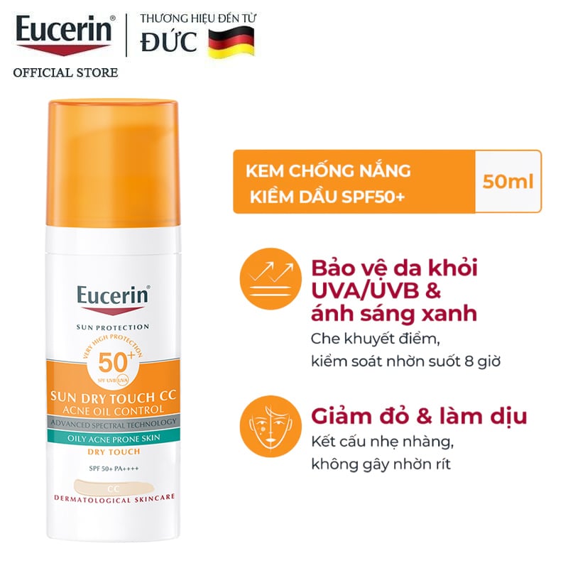 thegioiskinfood.com - Kem Chống Nắng Eucerin Kiểm Soát Dầu, Nâng Tông Tự Nhiên Sun Dry Touch CC Oil Control SPF50+ 50ml