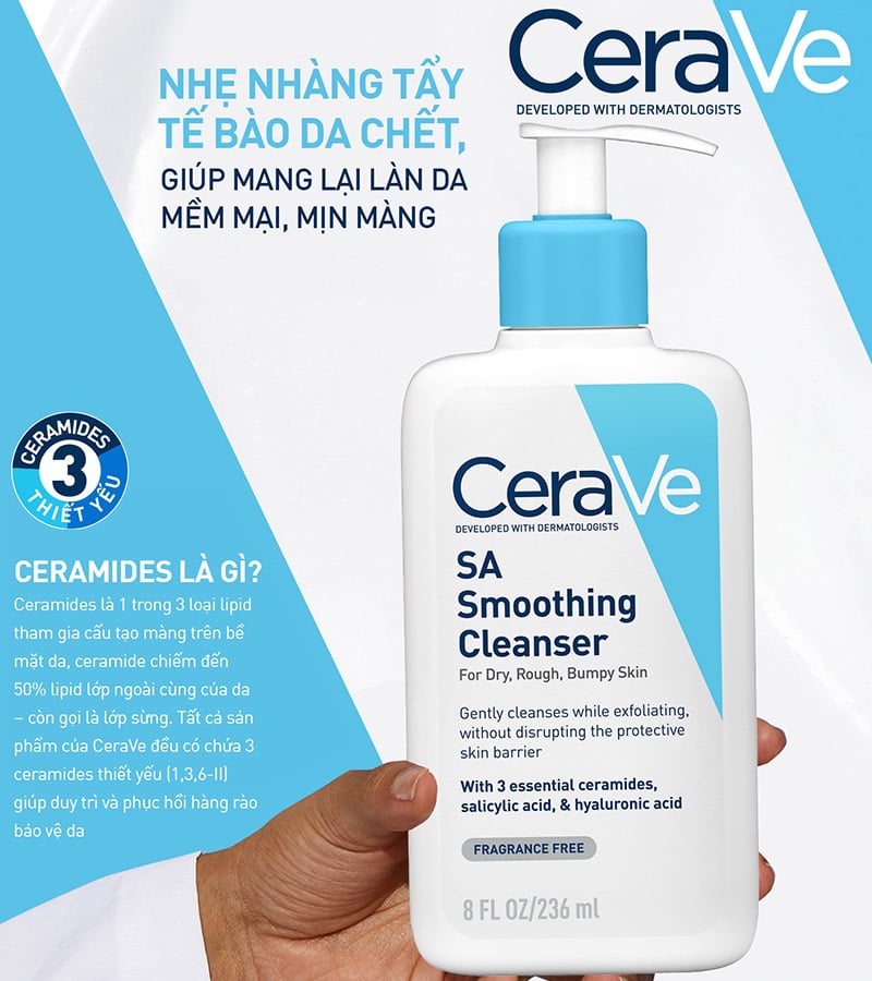 thegioiskinfood.com - Sữa Rửa Mặt Cerave Làm Sạch Sâu Cho Da Mụn, Tẩy Da Chết Dịu Nhẹ Developed With Dermatologists SA Smoothing Cleanser 236ml