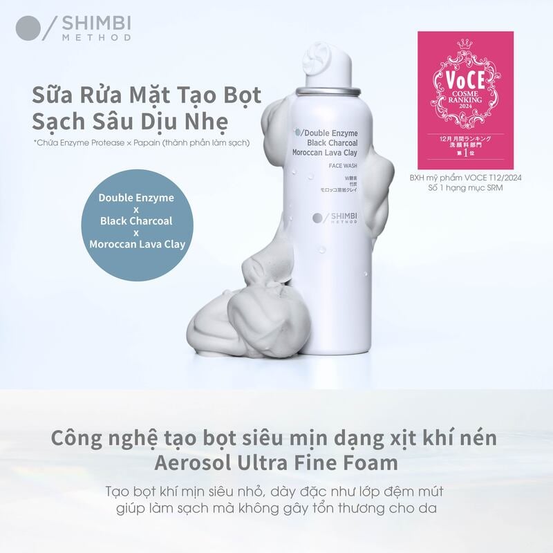 thegioiskinfood.com - Sữa Rửa Mặt Dạng Bọt Làm Sạch Sâu Shimbi Method Face Wash Double Enzyme, Black Charcoal, Moroccan Lava Clay 120g