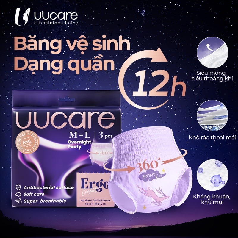 thegioiskinfood.com - Băng Vệ Sinh Quần Công Thái Học Ban Đêm Kháng Khuẩn UUcare Sanitary Panties - 3 miếng