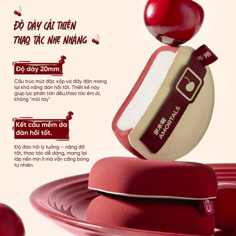 Bộ 2 Bông Mút Trang Điểm Kèm Hộp Đựng Amortals Cherry Foundation Powder Puff Set 3 pcs