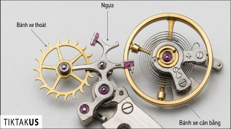 Cận cảnh escapement đồng hồ cơ gồm bánh xe thoát và ngựa