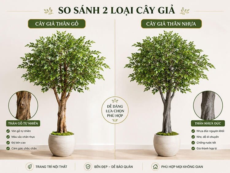 ảnh so sánh cây giả thân gỗ và thân nhựa
