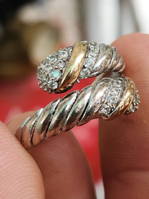 nhẫn mỹ nữ bạc xưa vàng 14k đính kim cương hột xoàn thiên nhiên