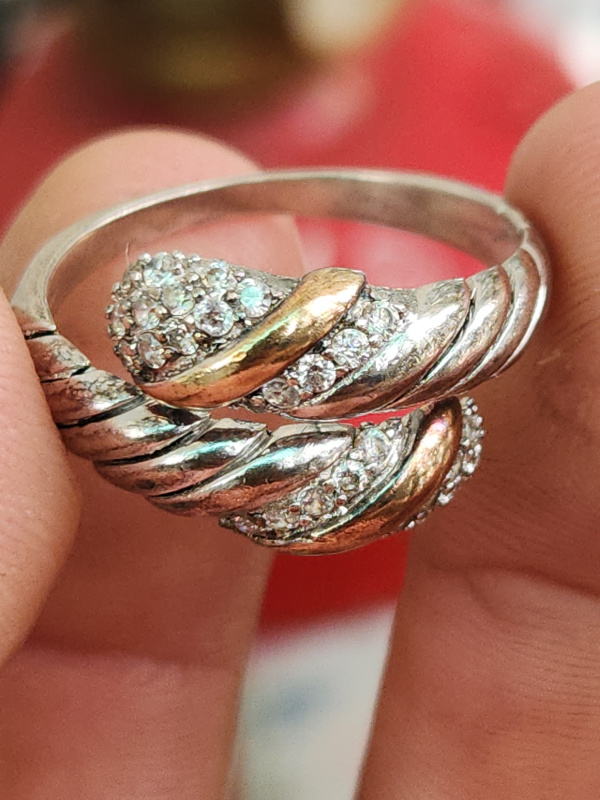 nhẫn mỹ nữ bạc xưa vàng 14k đính kim cương hột xoàn thiên nhiên