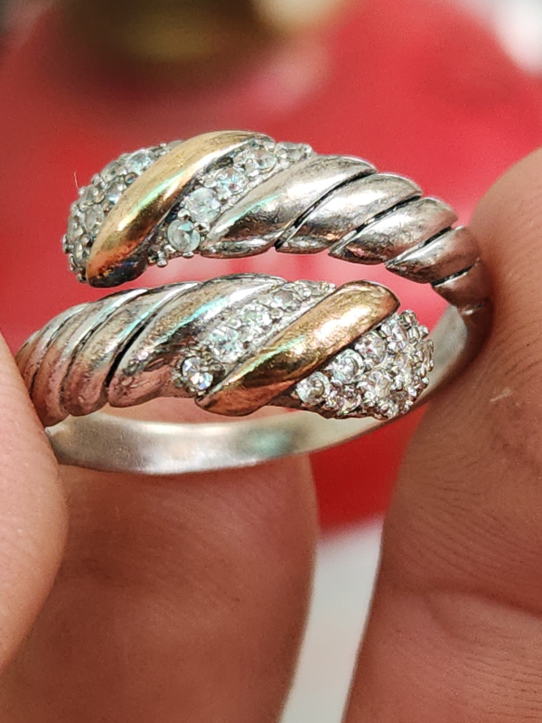 nhẫn mỹ nữ bạc xưa vàng 14k đính kim cương hột xoàn thiên nhiên