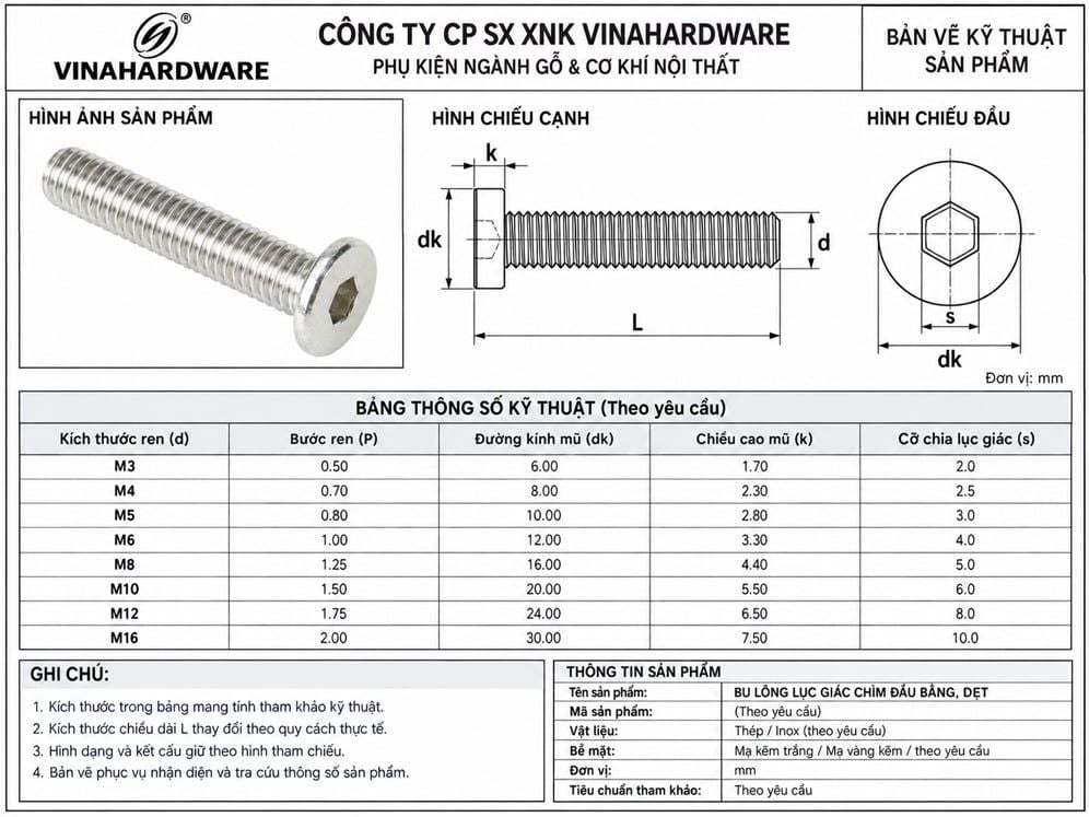 Bản vẽ thông số kỹ thuật bulong lục giác chìm đầu bằng dẹt