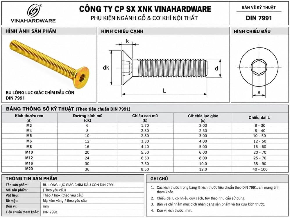 Bộ ốc liên kết tán ngang và bulong lục giác chìm đầu côn