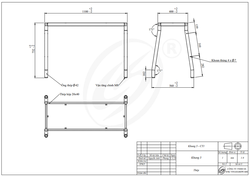 Bảng vẽ kích thước khung bàn giáo viên Vinahardware