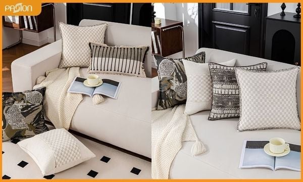 Gối tựa lưng sofa xanh xám phong cách rustic