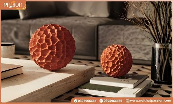 Tượng trang trí phòng khách tròn decor hình tổ ong màu cam