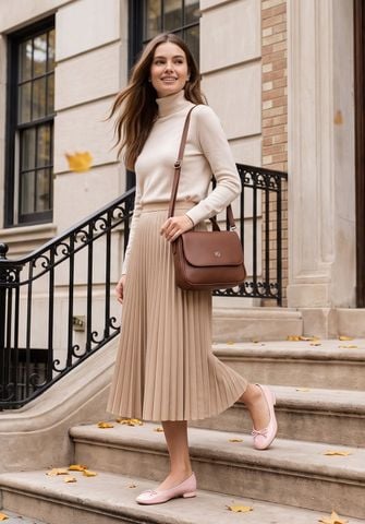 Váy midi + giày bệt + túi đeo vai nhỏ
