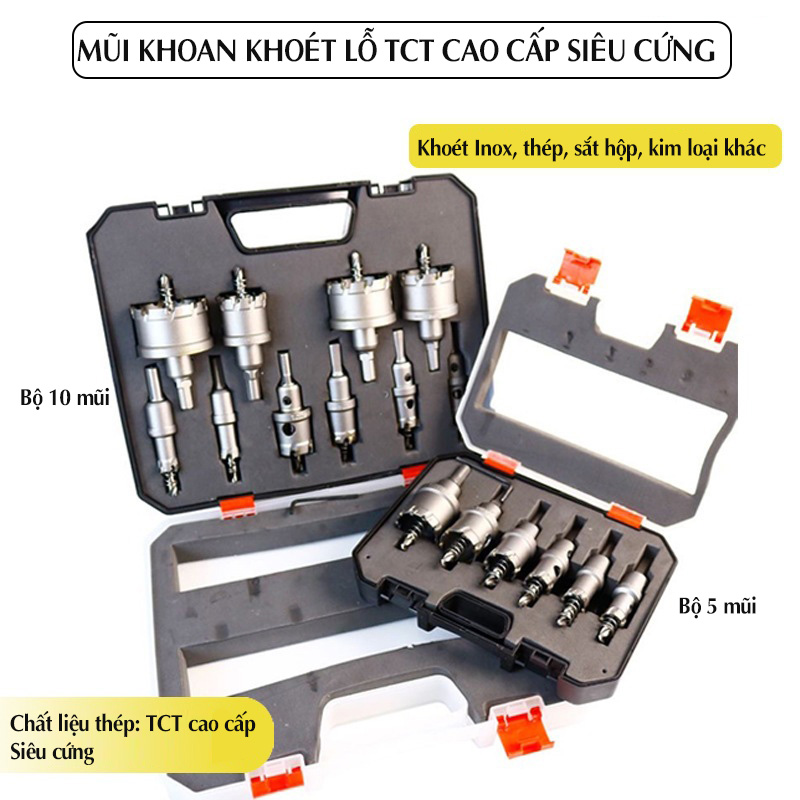 Bộ 10 mũi khoan khoét lỗ TCT cao cấp đường kính từ 16-53mm
