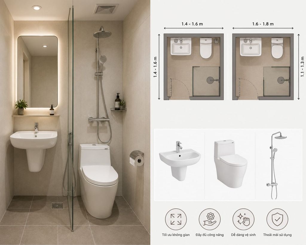 Tiêu chuẩn lắp đặt thiết bị vệ sinh cho phòng tắm diện tích nhỏ (Dưới 2m²)