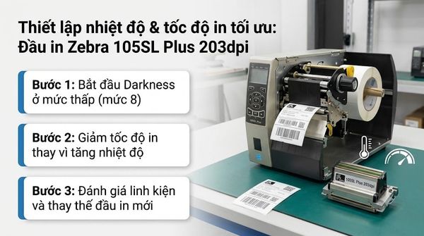 Thiết lập nhiệt độ (Darkness) và tốc độ in tối ưu cho đầu in Zebra 105SL Plus 203dpi
