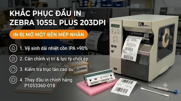 Khắc phục hiện tượng đầu in Zebra 105SL Plus 203dpi in bị mờ một bên mép nhãn