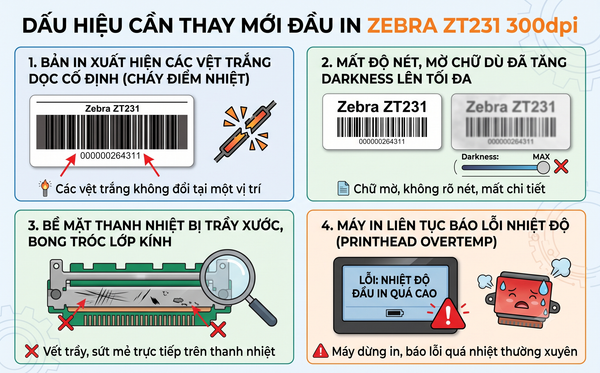 Dấu hiệu nhận biết thời điểm cần thay mới đầu in Zebra ZT231 300dpi