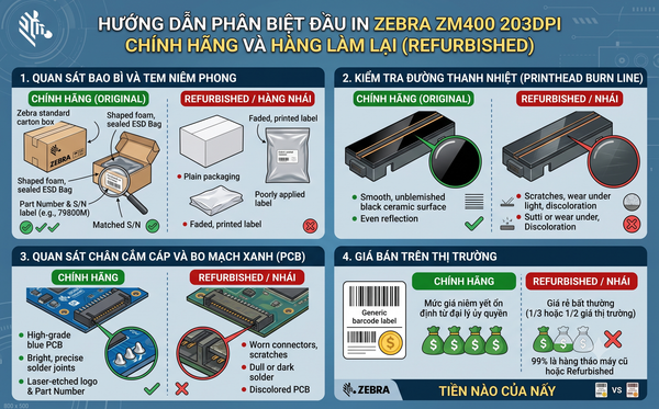 Hướng dẫn phân biệt đầu in Zebra ZM400 203dpi chính hãng và hàng làm lại