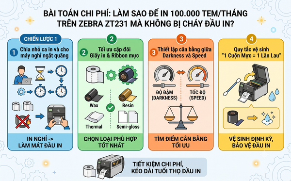 Bài toán chi phí: Làm sao để in 100.000 tem/tháng trên Zebra ZT231 mà không bị cháy đầu in?