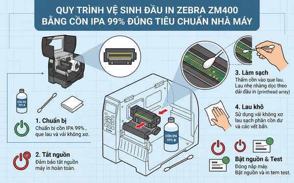 Quy trình vệ sinh đầu in Zebra ZM400 bằng cồn IPA 99% đúng tiêu chuẩn nhà máy