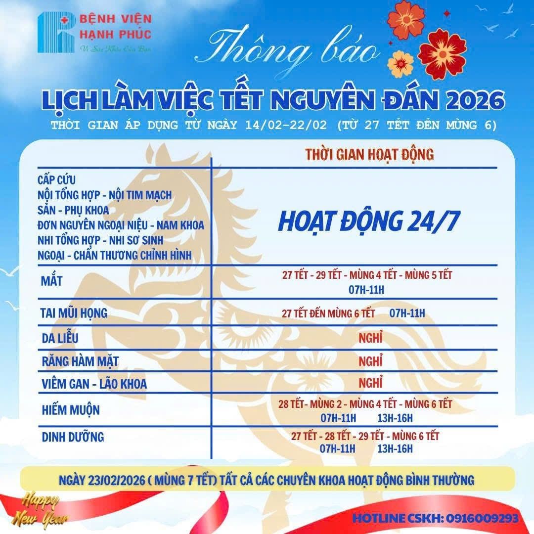 THÔNG BÁO LỊCH LÀM VIỆC TẾT NGUYÊN ĐÁN BÍNH NGỌ - BỆNH VIỆN ĐA KHOA HẠNH PHÚC AN GIANG