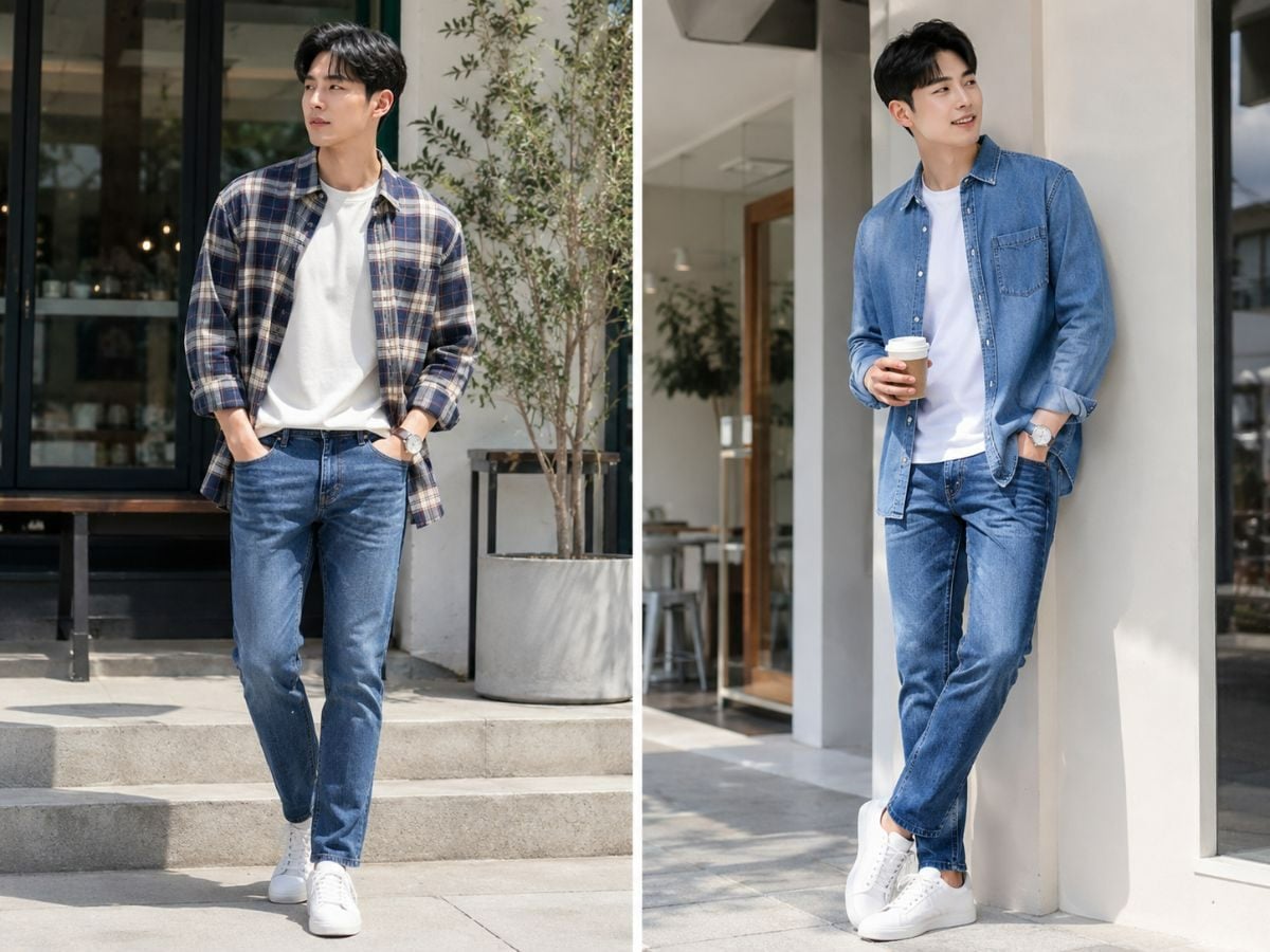 Áo sơ mi khoác ngoài giúp outfit jean áo thun có chiều sâu hơn