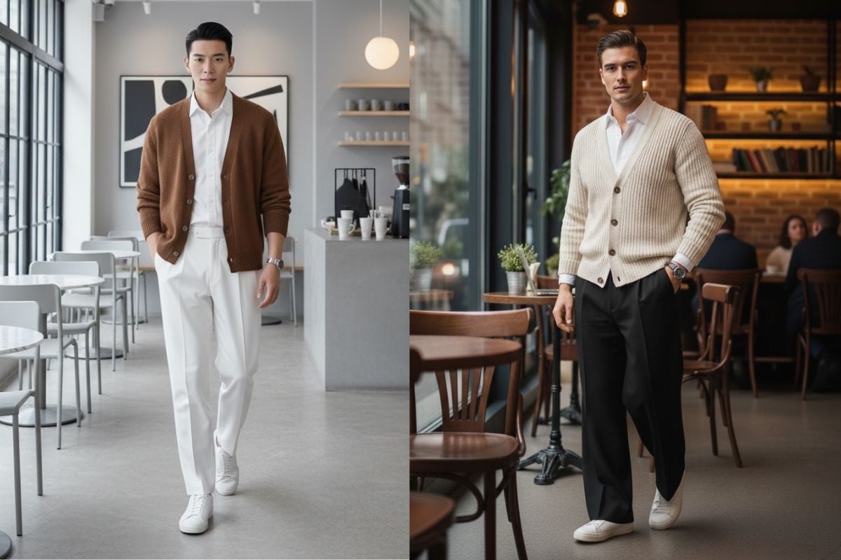 Phối quần tây nam với áo cardigan